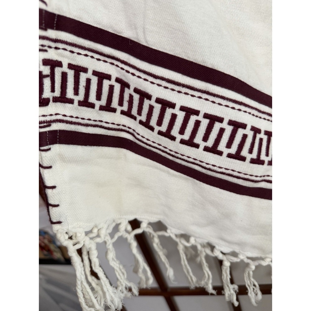 Tory Burch Woven Cotton Hooded Poncho Cover Up Ivory Burgundy Fringe Indie Beach - Picture 4 of 10